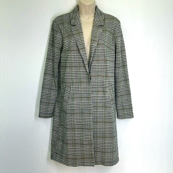 H&M - Tweed Black And White Green Stripe 2 Button Snap Long Blazer Size XS - Picture 1 of 14